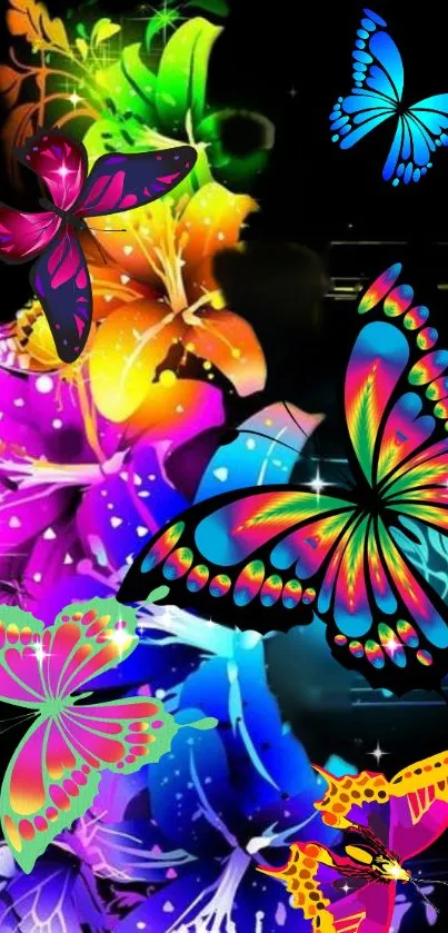 Colorful neon butterflies and flowers on a dark background.