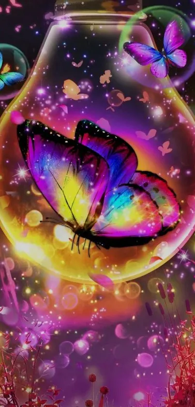 Magical butterfly in neon colors on fantasy background with sparkles.