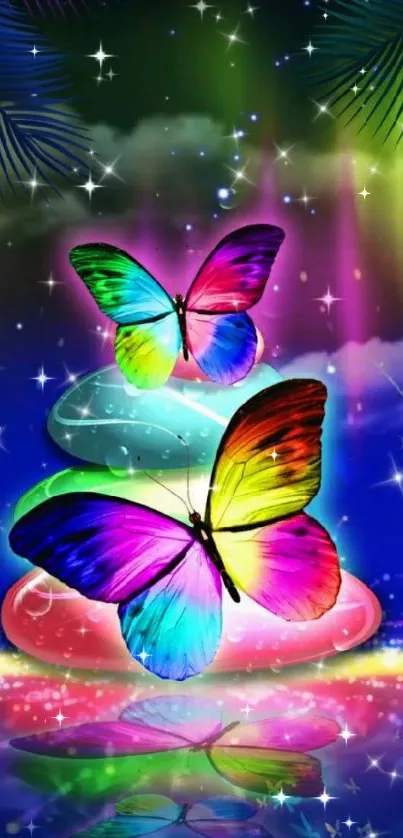 Colorful fantasy wallpaper with neon butterflies.