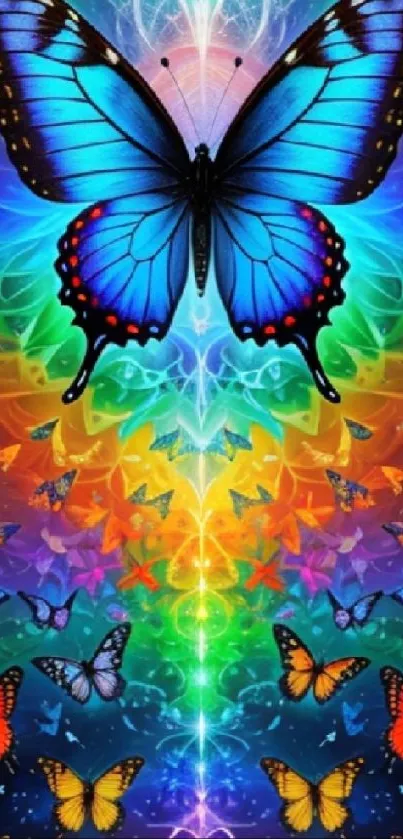 Vibrant blue butterfly in rainbow fantasy design.