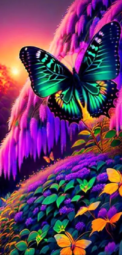 Vibrant butterfly against a colorful fantasy landscape with glowing plants and sunset.