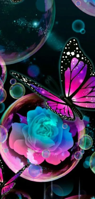 Exotic neon butterfly and flower wallpaper with bubbles.