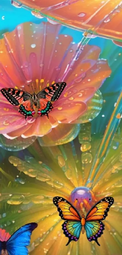 Colorful butterfly and flower fantasy wallpaper with raindrops.