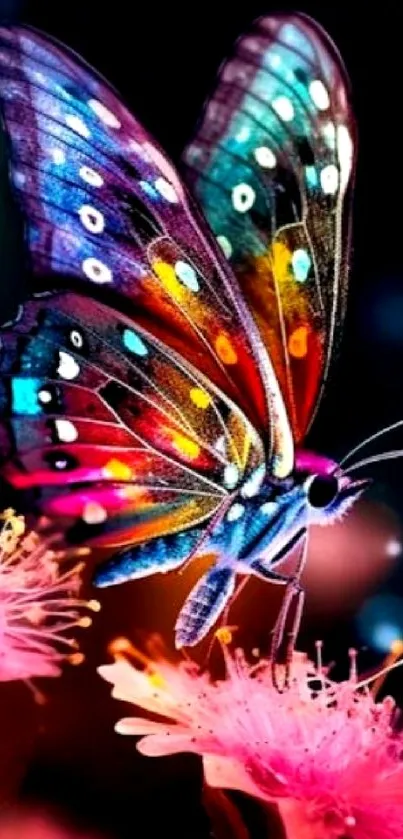Colorful butterfly on vibrant flowers with dreamy background.