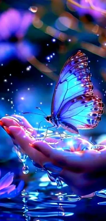 Blue butterfly resting on a hand in a fantasy scene with glowing lights.