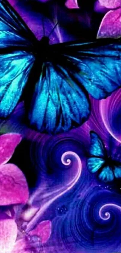 Vibrant purple and blue butterfly wallpaper with abstract design.