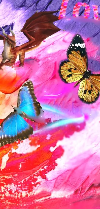 Fantasy phone wallpaper with butterflies and dragon on vibrant abstract background.