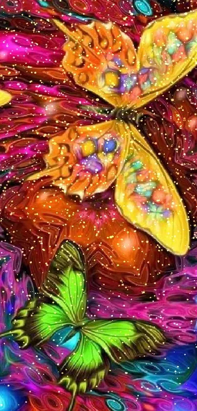 Colorful fantasy butterfly wallpaper with vibrant psychedelic patterns.