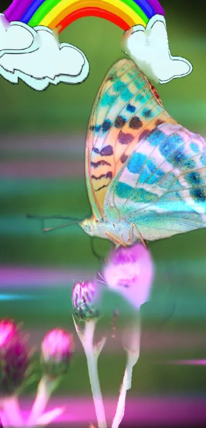 Colorful butterfly with rainbow and flowers on a green background.