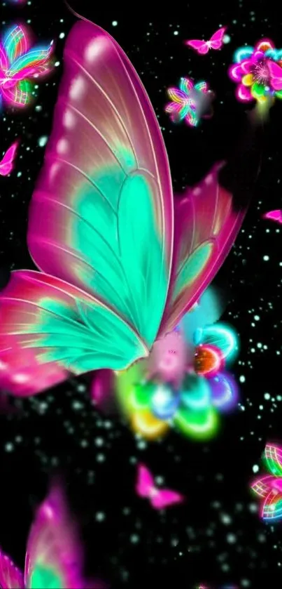 Glowing butterflies and flowers on black wallpaper.