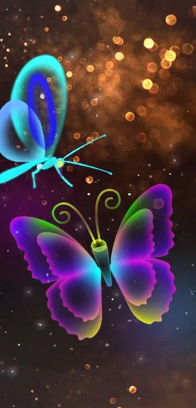 Vibrant neon butterflies on dark magical background.