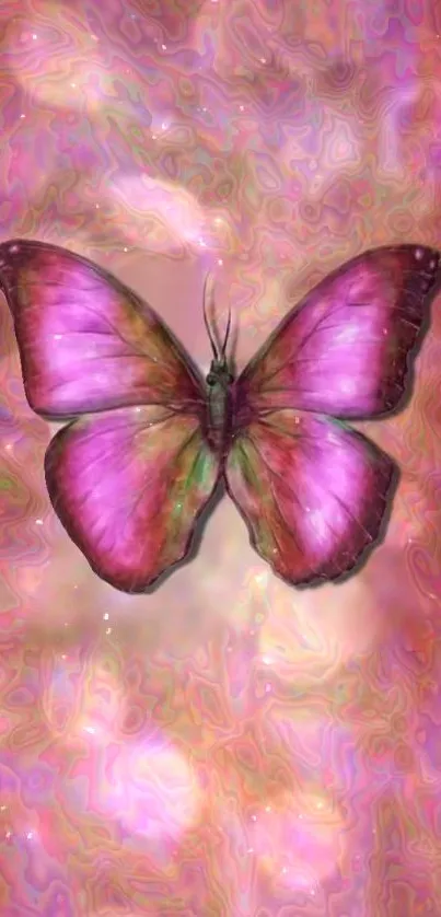 Pink butterfly with a dreamy swirling background in vibrant tones.