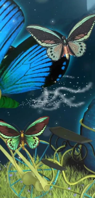 Vibrant butterfly fantasy art wallpaper with blue and green hues.