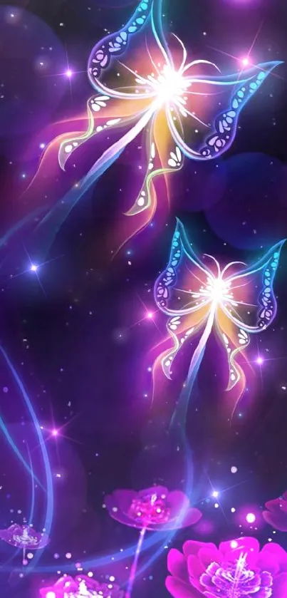 Vibrant fantasy butterfly and glowing flowers on mobile wallpaper.