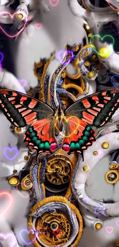 Vibrant butterfly with gears and hearts fantasy wallpaper.