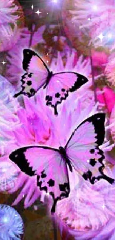 Vibrant fantasy wallpaper with butterflies and pink flowers.