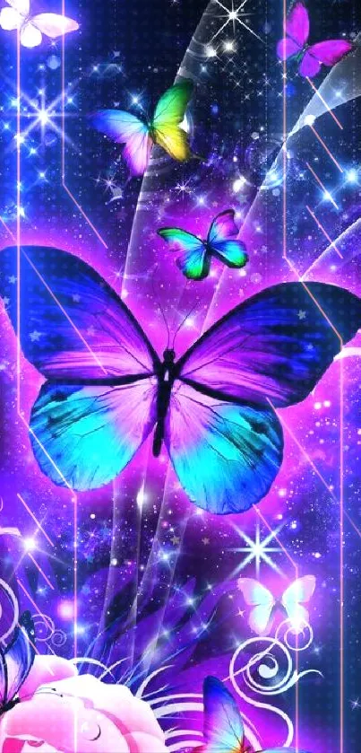 Vibrant fantasy wallpaper with colorful butterflies on a purple background.