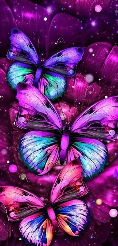 Vibrant butterflies on a purple background with neon colors.