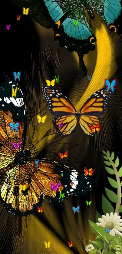 Vibrant butterfly fantasy art with colorful butterflies on a dark background.