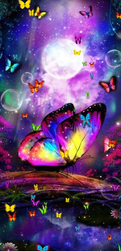 Vibrant butterfly with moon and stars in a fantasy art scene.