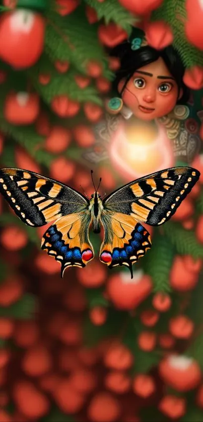 Enchanting fantasy wallpaper with colorful butterfly and glowing elements.