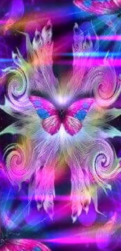 Vibrant butterfly fantasy art wallpaper with neon colors and swirling designs.