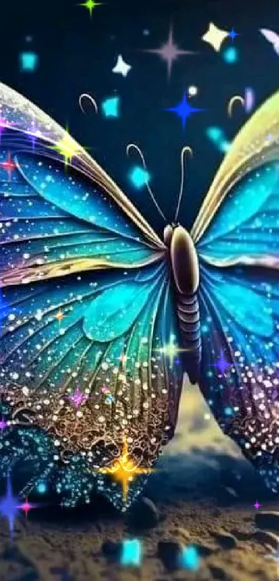 Vibrant butterfly glowing in magical fantasy art on a mobile wallpaper.