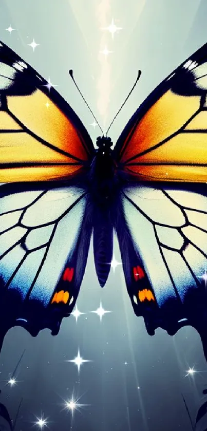 Colorful butterfly with vibrant blue and orange wings on a dreamy background.