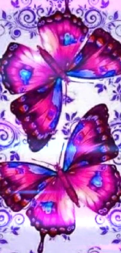 Vibrant purple and pink butterfly wallpaper with floral design.