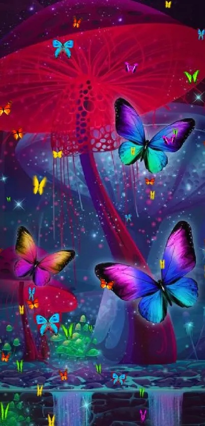 Vibrant glowing butterflies among colorful mushrooms in a mystical fantasy scene.