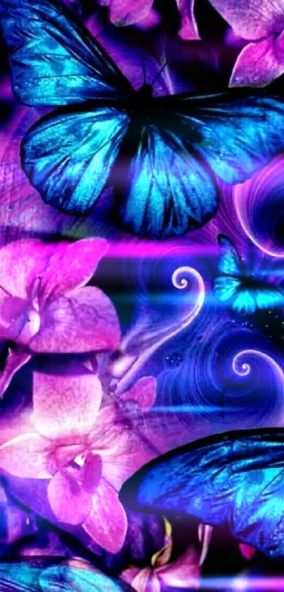 Vibrant blue butterflies with purple orchids.