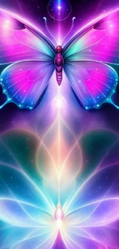 Vibrant neon butterfly fantasy wallpaper with mystical glowing colors.