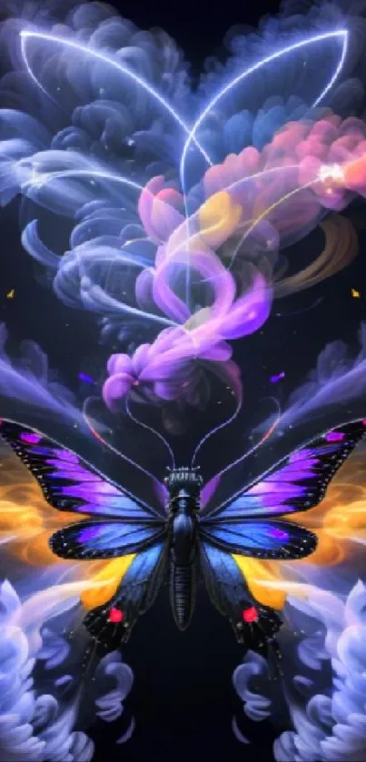 Vibrant fantasy butterfly with colorful smoke background.