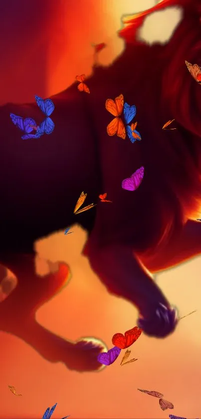 Vibrant fantasy wallpaper with colorful butterflies and a majestic creature.