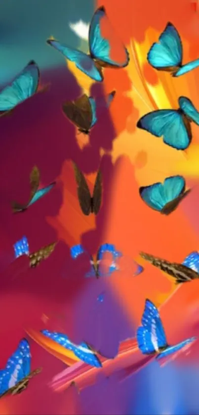 Vibrant orange backdrop with blue butterflies in flight.