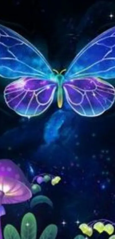 Fantasy butterfly with glowing colors in a mystical forest setting.