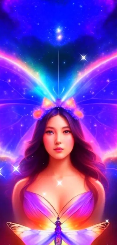 Mystical woman with butterfly wings in a vibrant cosmic setting.