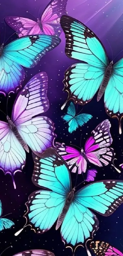 Vibrant blue and purple butterflies in a fantasy art wallpaper.