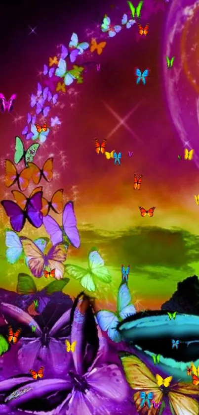 Vibrant fantasy wallpaper with butterflies and galaxy.