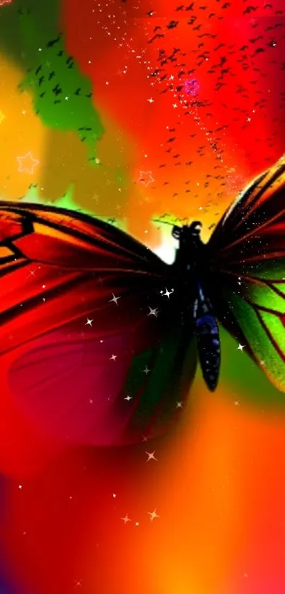 Vibrant butterfly with colorful rainbow background and star accents.