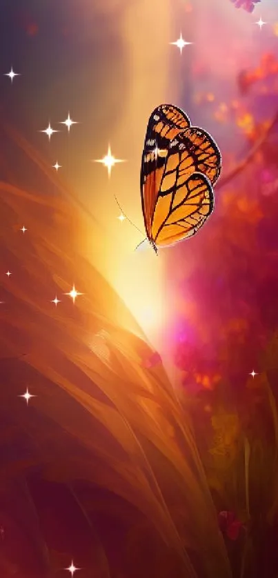 Vibrant butterfly in a fantasy landscape with colorful flowers and glowing light.