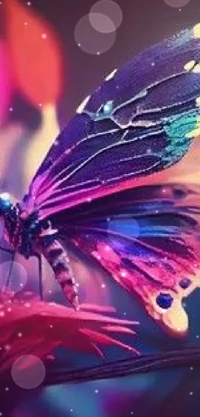 Vibrant fantasy butterfly on a colorful flower, perfect for phone wallpaper.