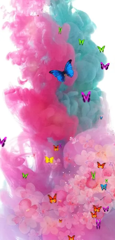 Vibrant pink and blue butterfly wallpaper.