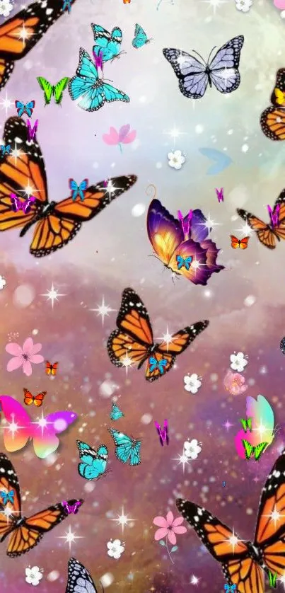 Vibrant fantasy wallpaper with colorful butterflies.