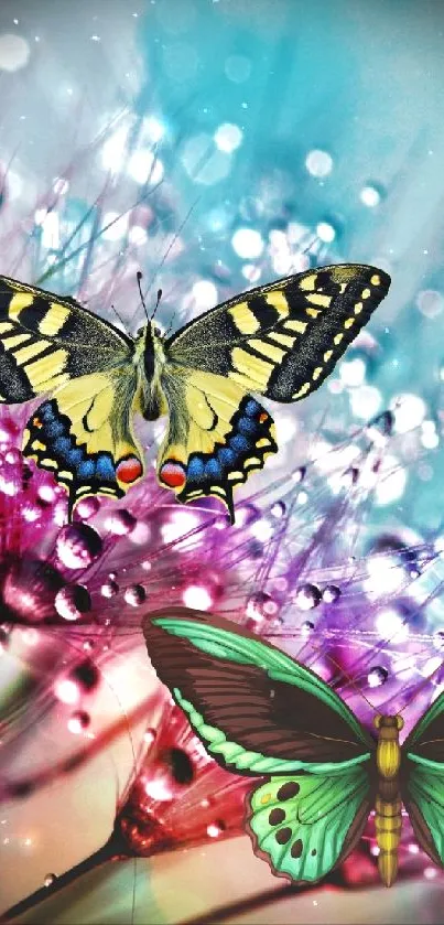 Colorful butterfly fantasy art with vibrant flowers and dreamy background.