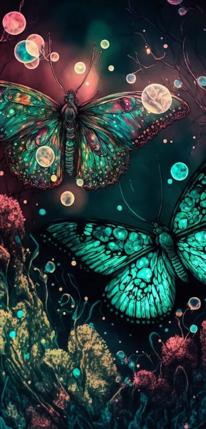 Vibrant fantasy wallpaper with glowing butterflies and mystical orbs.