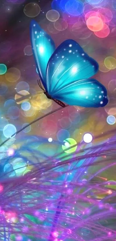 Blue butterfly on vibrant fantasy background.