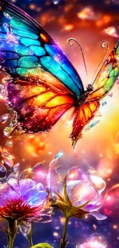 Vibrant butterfly with colorful wings and glowing flowers in a fantasy setting.