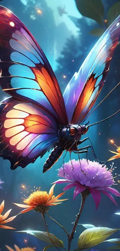 Colorful butterfly on vibrant flowers wallpaper.