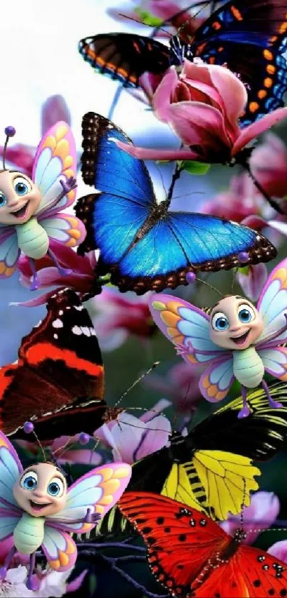 Vibrant fantasy butterfly and flower design with animated characters.